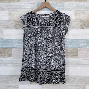 LOFT Paisley Split Neck Shell Blouse Black White Flutter Sleeve Womens Small